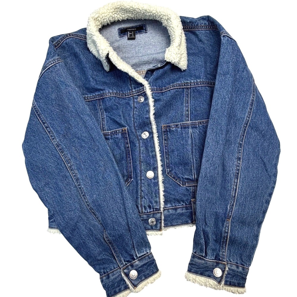 Y2K Forever 21 Sherpa Lined Trucker Denim Jacket Blue Medium Wash Faux Fur Small - Picture 2 of 11